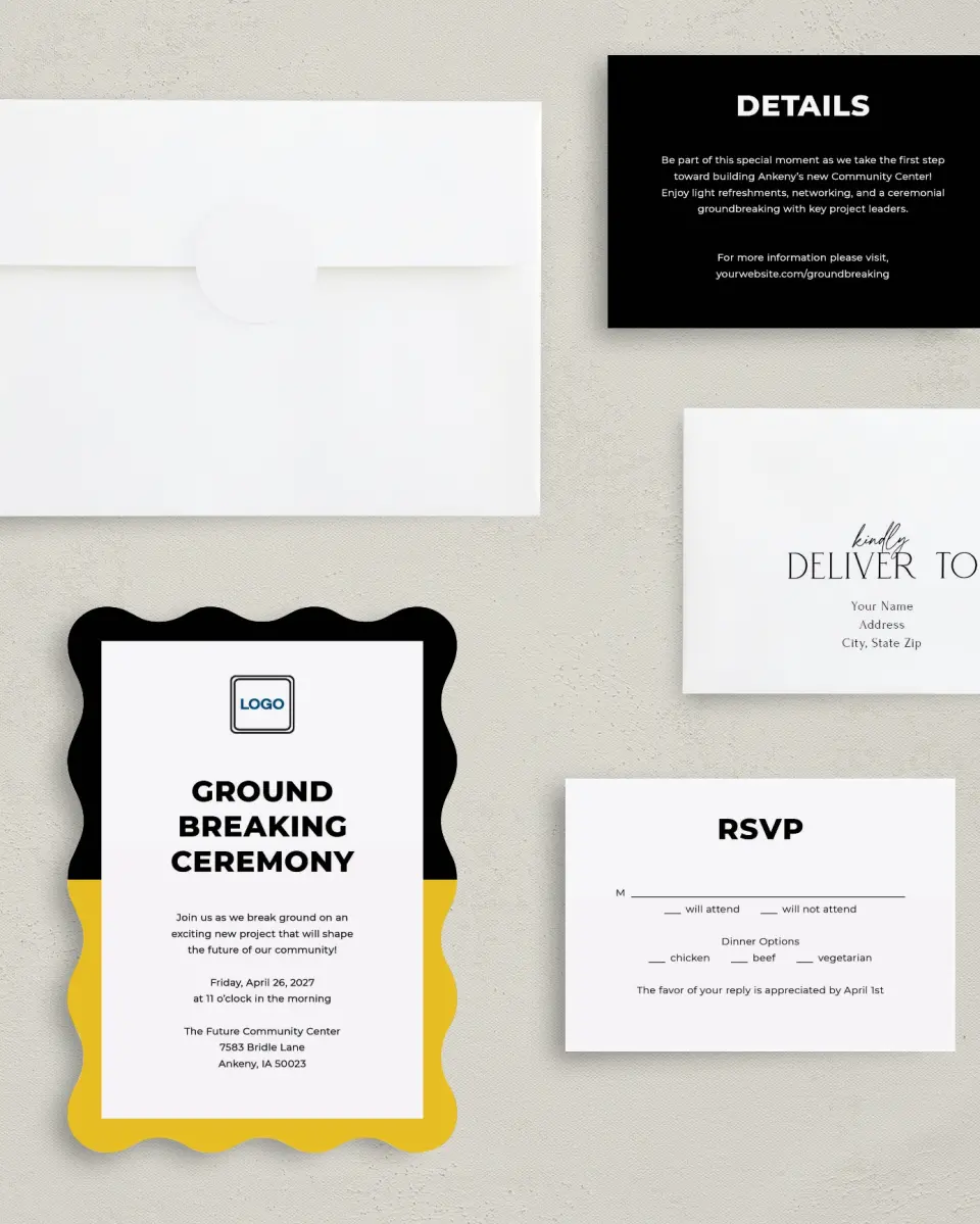 This is a 5" x 7" Wavy Gala Invitation called Bold Framework printed in full color with Gold foil on Luxe Satin (coated) paper