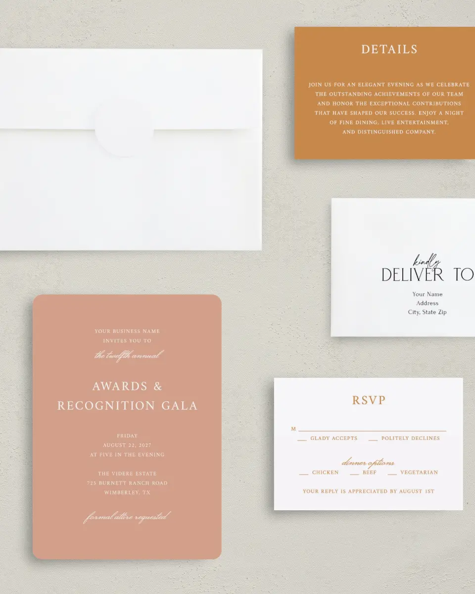 This is a 5" x 7" Rounded Gala Invitation called Modern Balance printed in full color with Gold foil on Luxe Satin (coated) paper