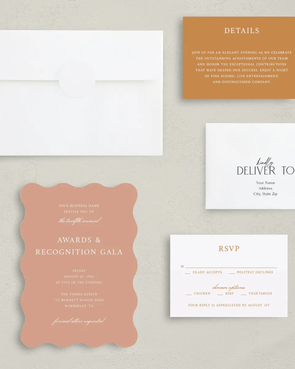 This is a 5" x 7" Wavy Gala Invitation called Modern Balance printed in full color with Gold foil on Luxe Satin (coated) paper