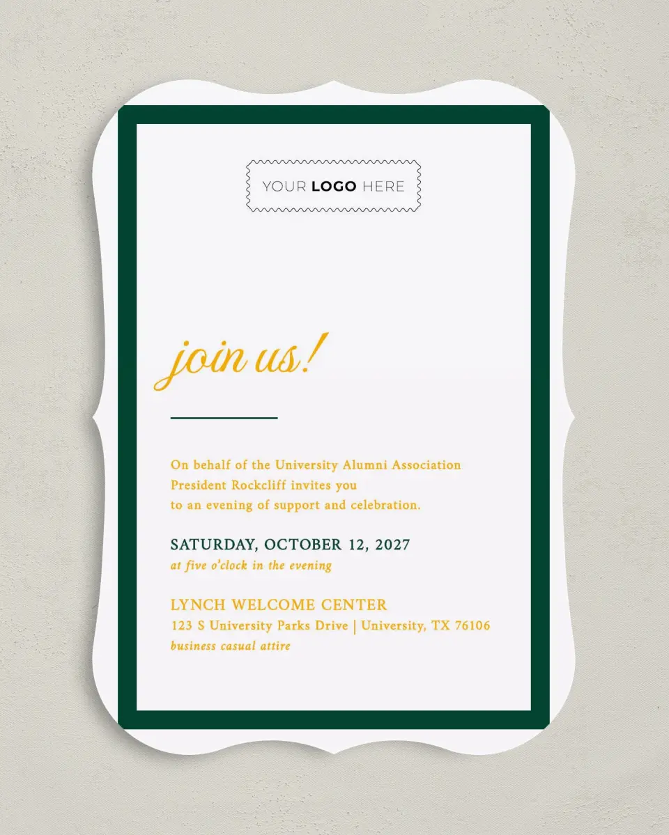 This is a 5" x 7" Bracket Gala Invitation called Lasting Legacy printed in full color on Premium Smooth paper