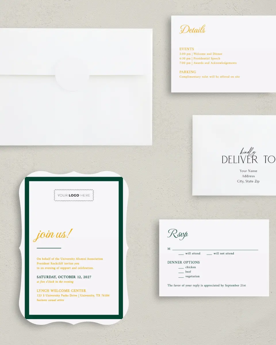 This is a 5" x 7" Bracket Gala Invitation called Lasting Legacy printed in full color with Silver foil on Luxe Satin (coated) paper