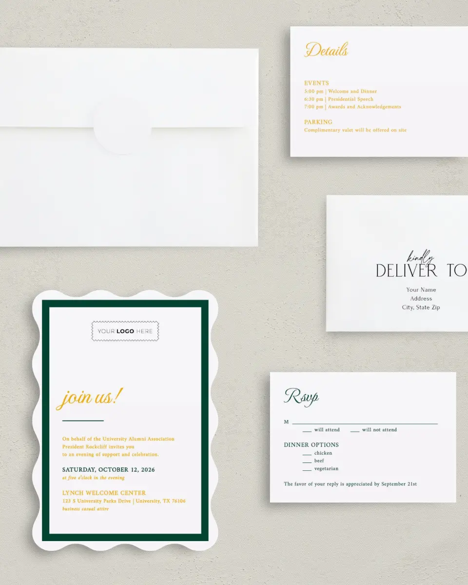 This is a 5" x 7" Wavy Gala Invitation called Lasting Legacy printed in full color with Gold foil on Luxe Satin (coated) paper