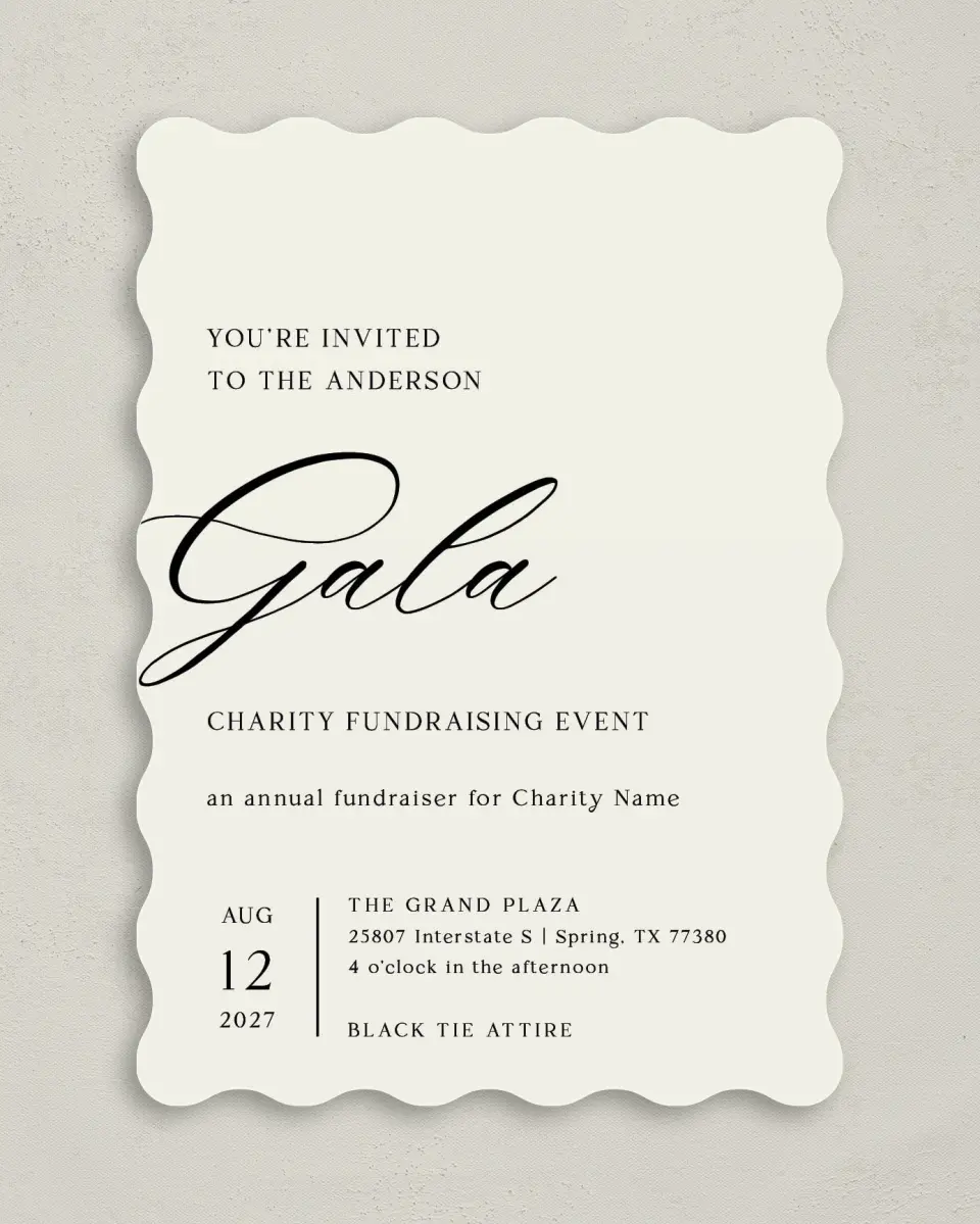 This is a 5" x 7" Wavy Gala Invitation called Giving Grace printed in full color