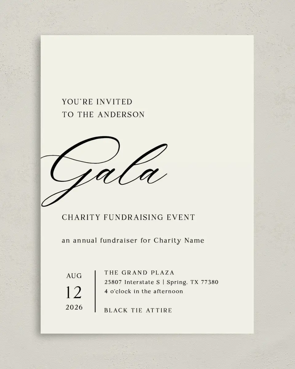 This is a 5" x 7" Rectangle Gala Invitation called Giving Grace printed in full color on Premium Smooth paper
