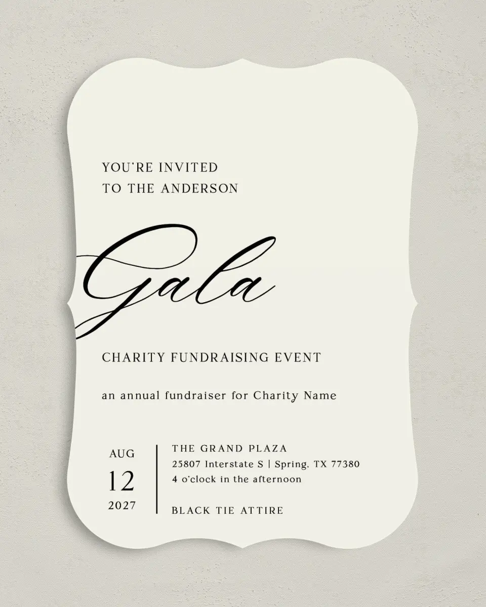 This is a 5" x 7" Bracket Gala Invitation called Giving Grace printed in full color on Premium Smooth paper
