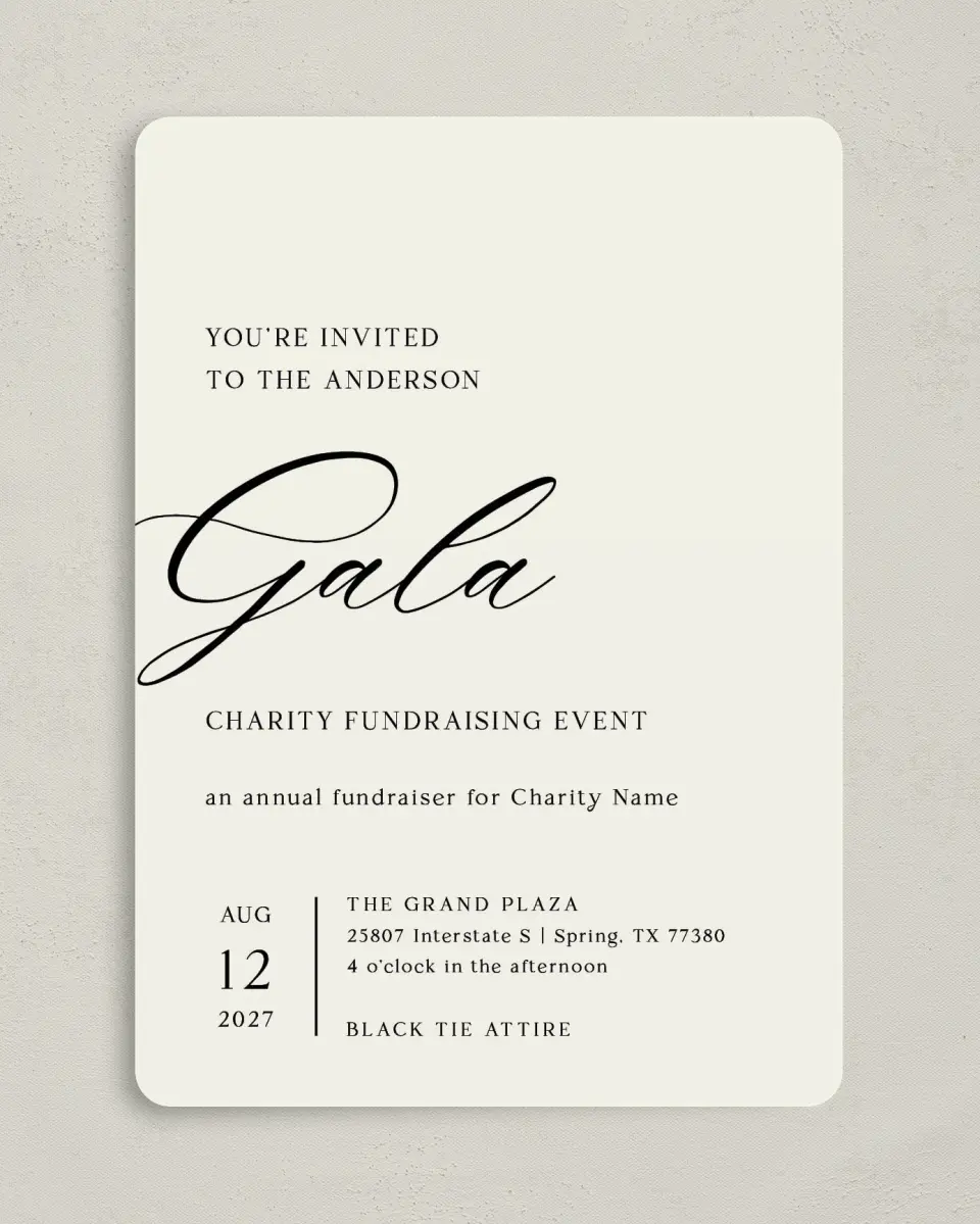 This is a 5" x 7" Rounded Gala Invitation called Giving Grace printed in full color on Premium Smooth paper