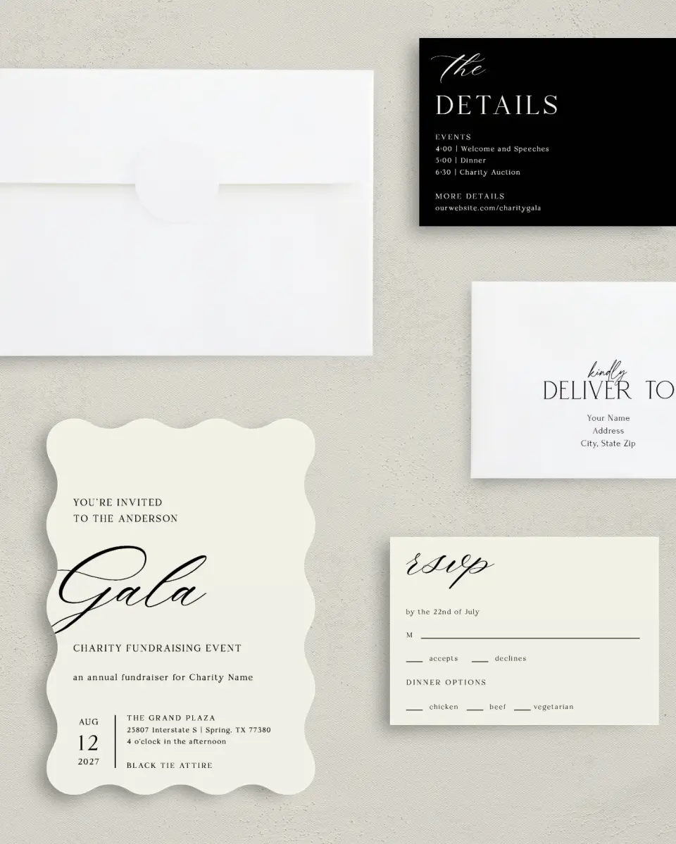 This is a 5" x 7" Wavy Gala Invitation called Giving Grace printed in full color with Gold foil on Luxe Satin (coated) paper
