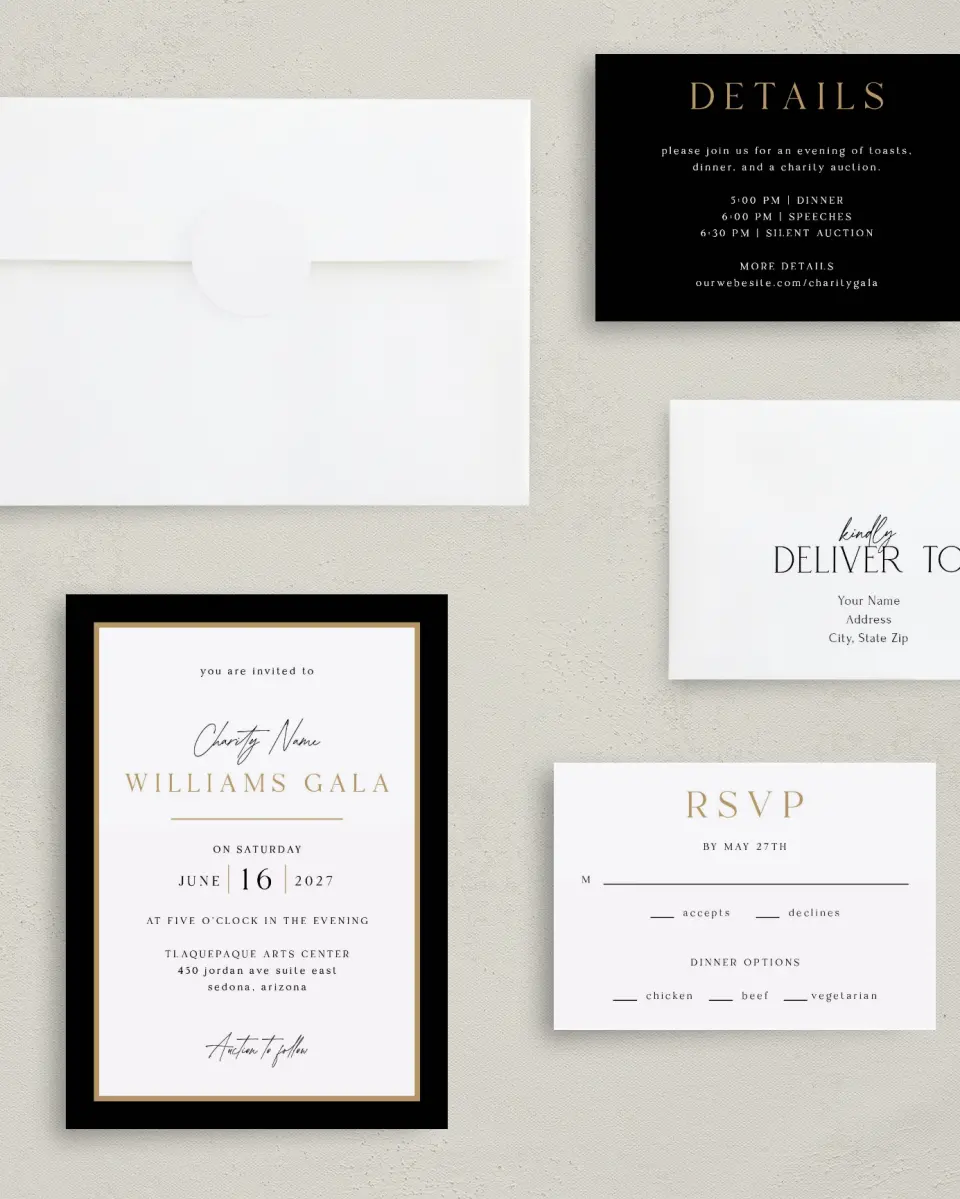 This is a 5" x 7" Rectangle Gala Invitation called Make an Impact printed in full color with Rose Gold foil on Luxe Satin (coated) paper