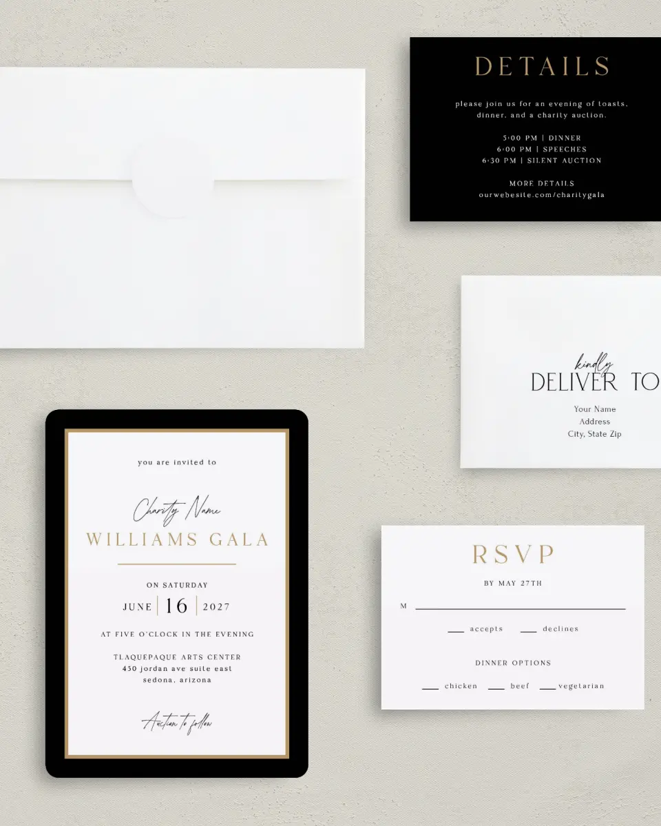This is a 5" x 7" Rounded Gala Invitation called Make an Impact printed in full color with Gold foil on Luxe Satin (coated) paper