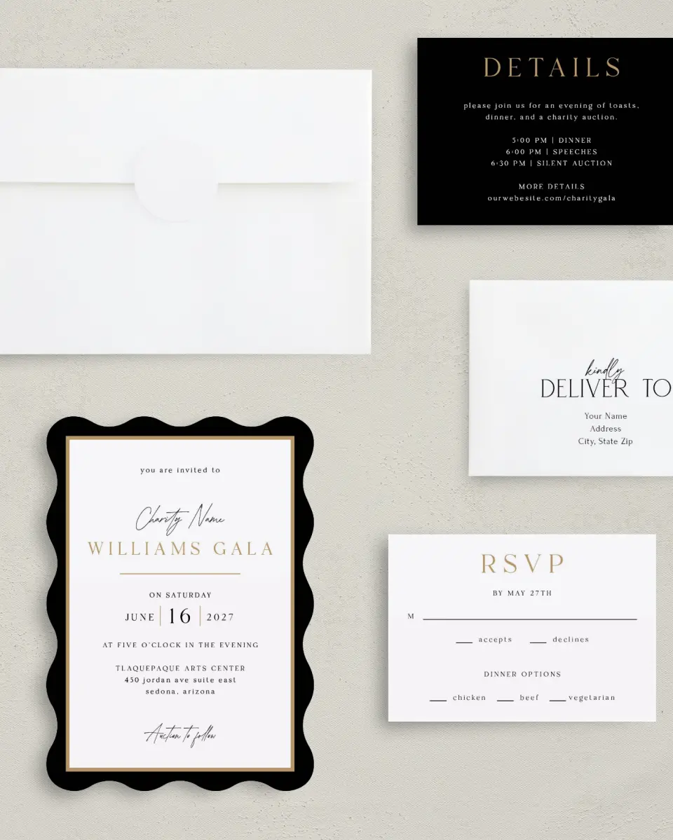 This is a 5" x 7" Wavy Gala Invitation called Make an Impact printed in full color with Gold foil on Luxe Satin (coated) paper