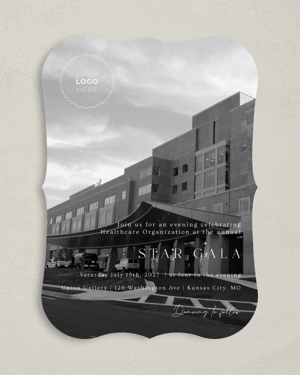 This is a 5" x 7" Bracket Gala Invitation called Starlight Gala printed in full color on Premium Smooth paper