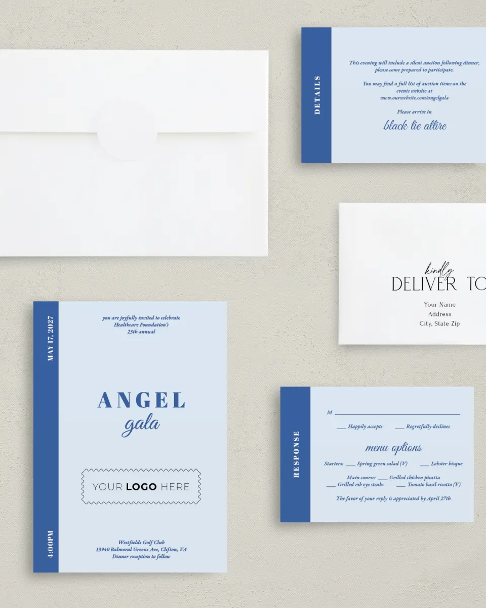 This is a 5" x 7" Rectangle Gala Invitation called Healing Hearts printed in full color with Rose Gold foil on Luxe Satin (coated) paper