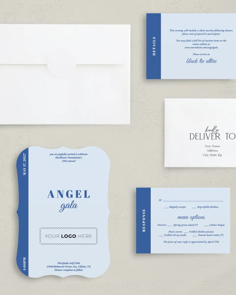 This is a 5" x 7" Bracket Gala Invitation called Healing Hearts printed in full color with Silver foil on Luxe Satin (coated) paper