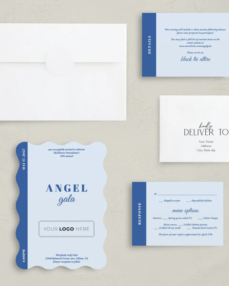 This is a 5" x 7" Wavy Gala Invitation called Healing Hearts printed in full color with Gold foil on Luxe Satin (coated) paper