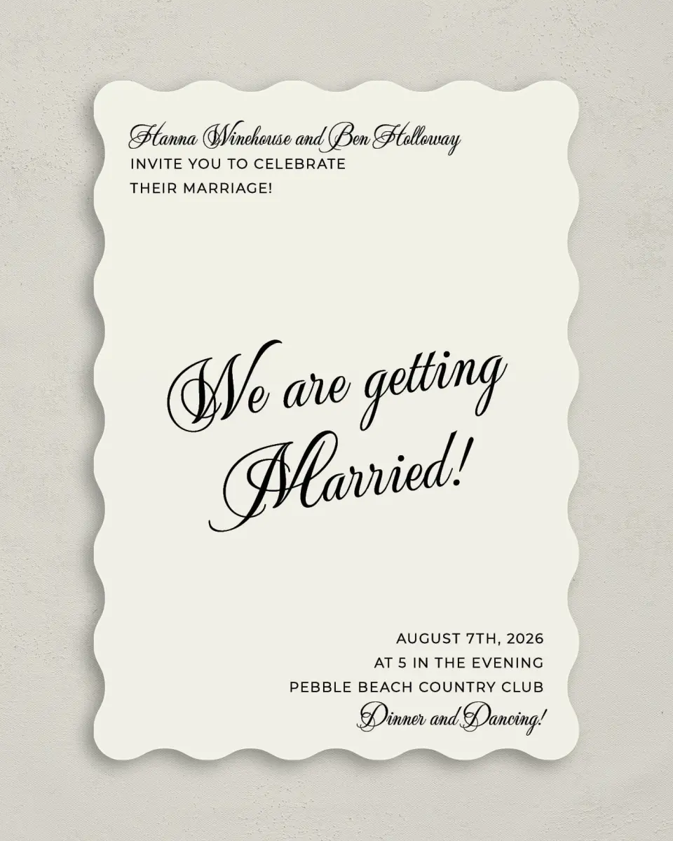 This is a 5" x 7" Wavy Wedding Invitation called Grand Party printed in full color on Premium Smooth paper