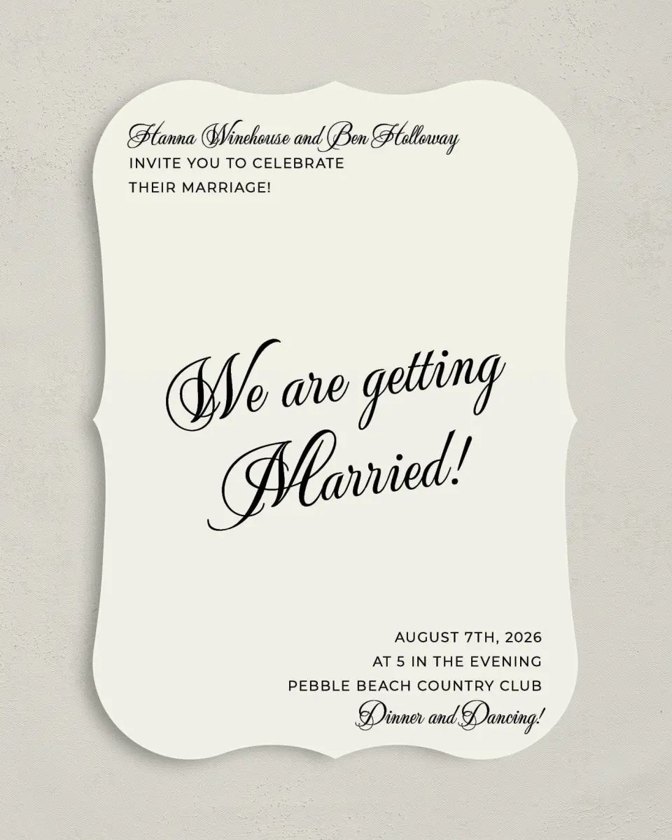This is a 5" x 7" Bracket Wedding Invitation called Grand Party printed in full color with Silver foil on Luxe Satin (coated) paper