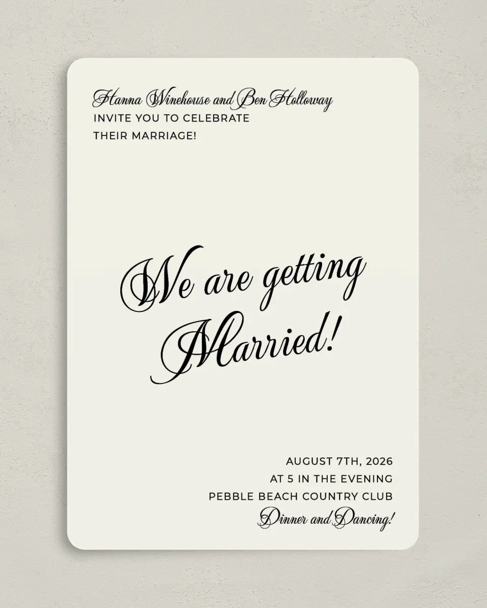 This is a 5" x 7" Rounded Wedding Invitation called Grand Party printed in full color on Premium Smooth paper