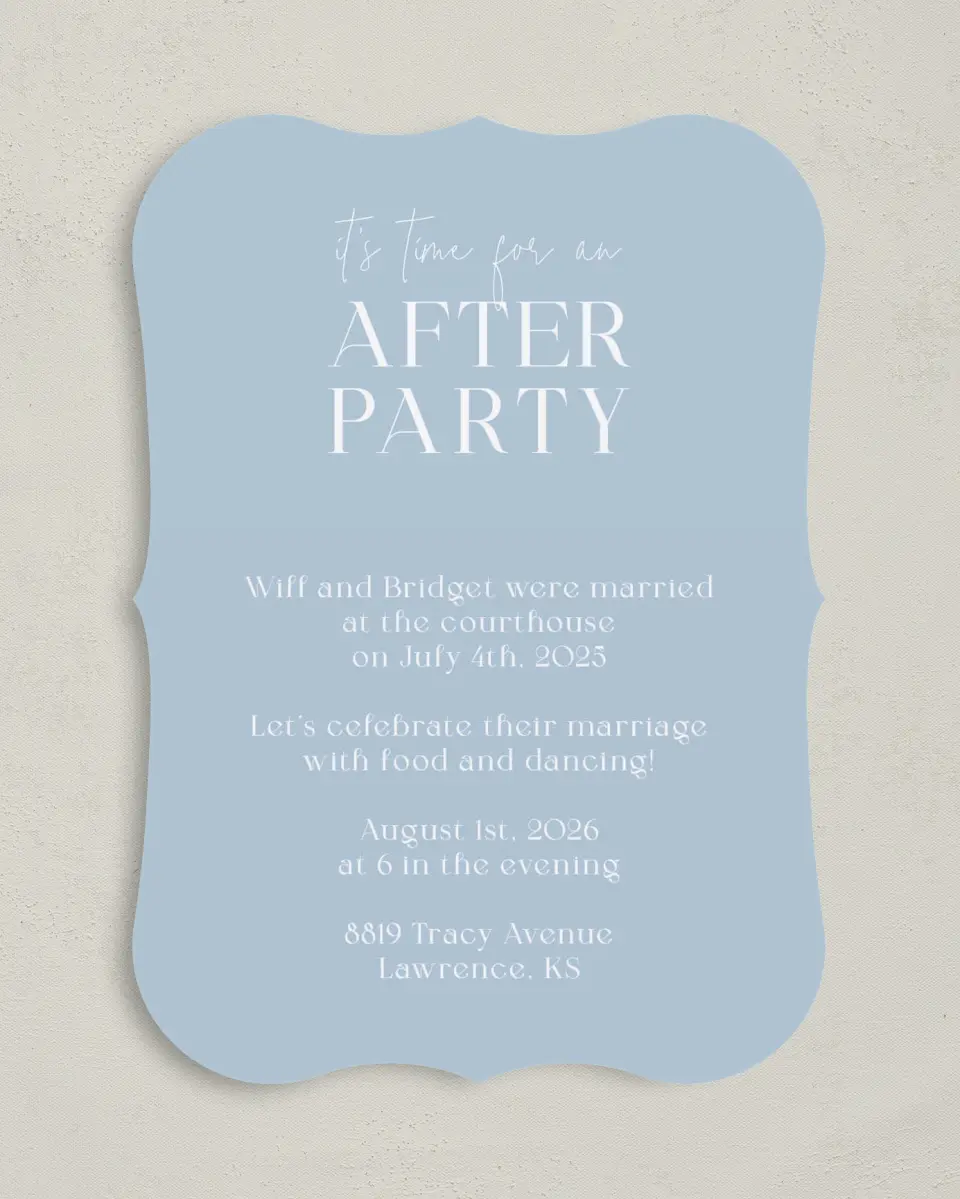 This is a 5" x 7" Reception-Only - CP called It's Time printed in full color with Silver foil on Luxe Satin (coated) paper