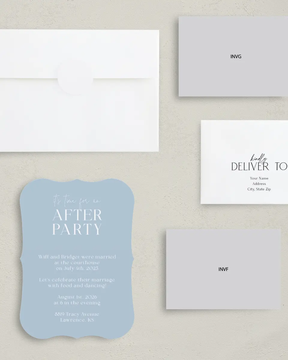 This is a 5" x 7" Reception-Only - CP called It's Time printed in full color with Silver foil on Luxe Satin (coated) paper