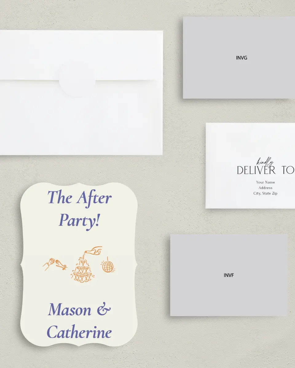 This is a 5" x 7" Reception-Only - CP called The After Party printed in full color with Silver foil on Luxe Satin (coated) paper