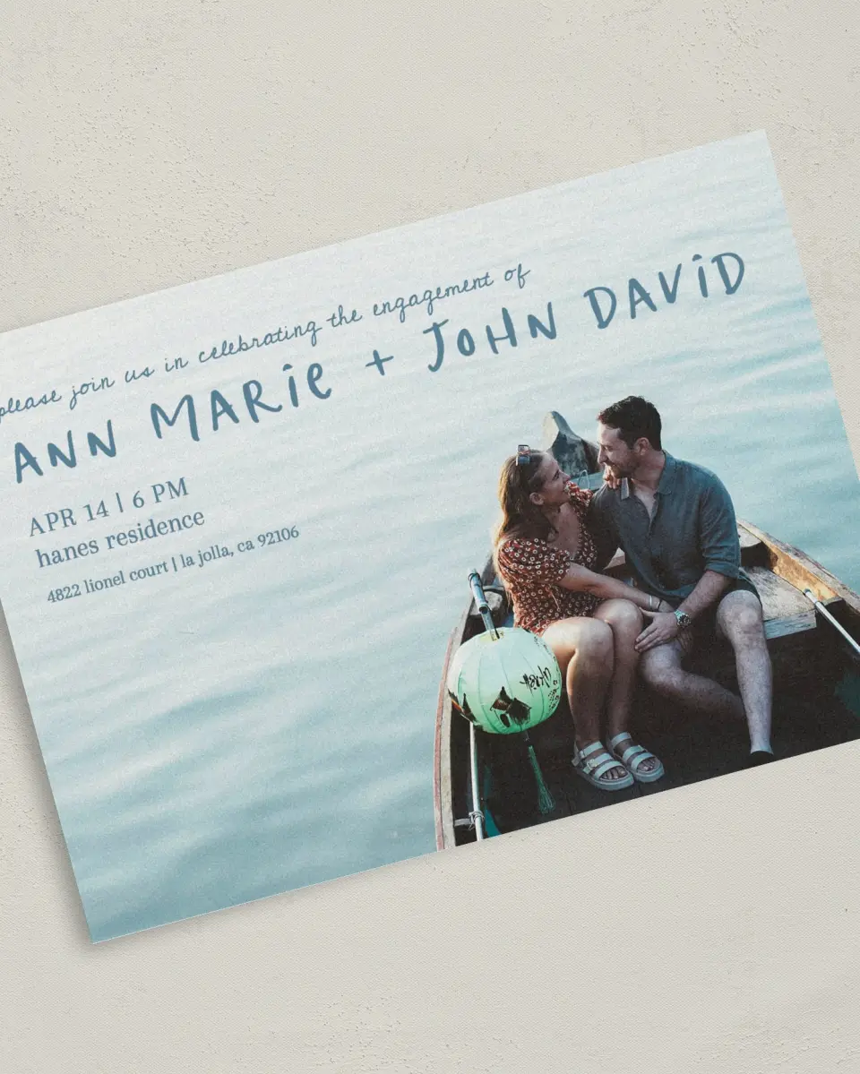 This is a 5" x 7" Engagement Party Invitation called Reflective Love printed in full color on Premium Smooth paper