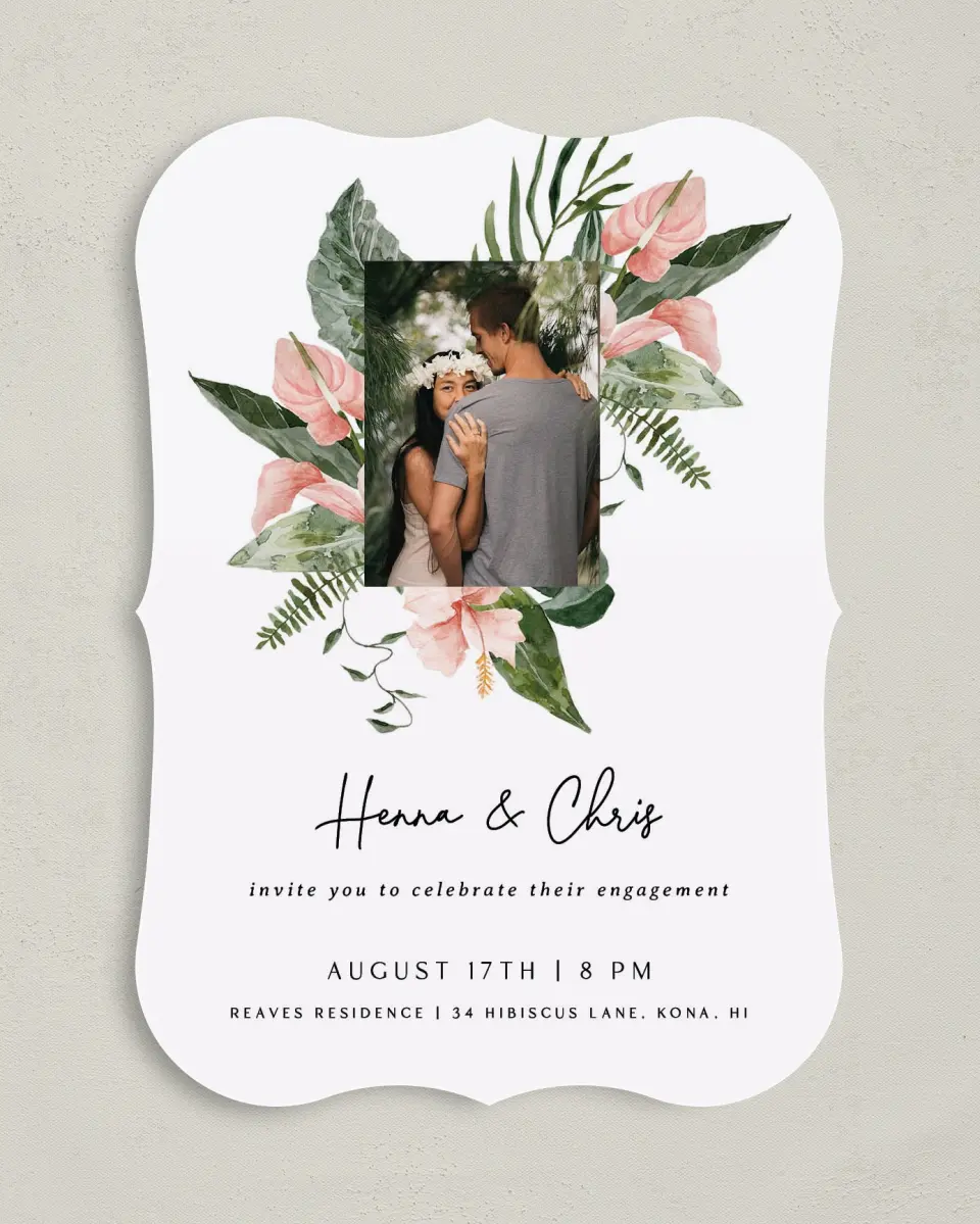 This is a 5" x 7" Engagement Party Invitation called Hibiscus Harmony printed in full color with Rose Gold foil on Luxe Satin (coated) paper