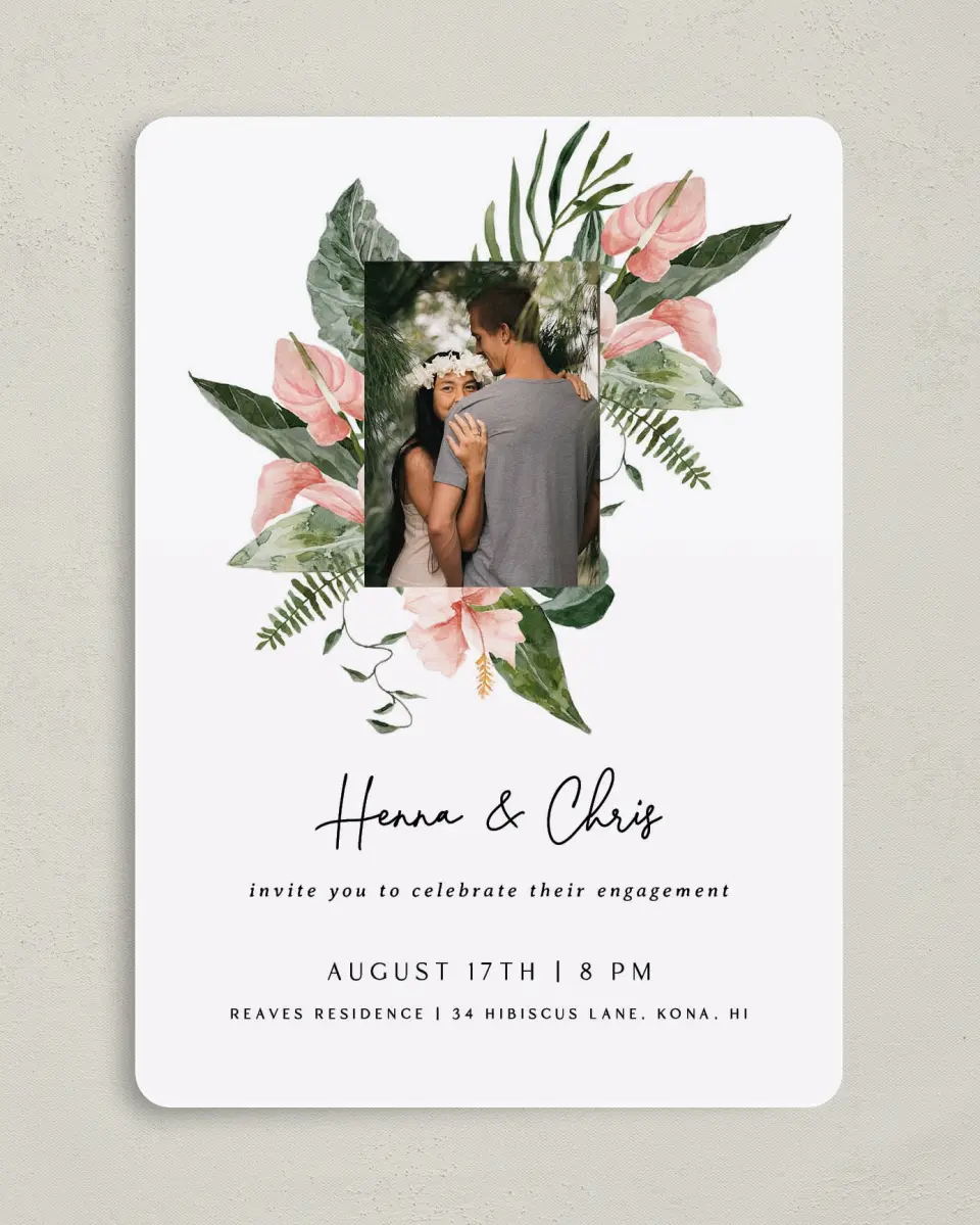 This is a 5" x 7" Engagement Party Invitation called Hibiscus Harmony printed in full color on Premium Smooth paper