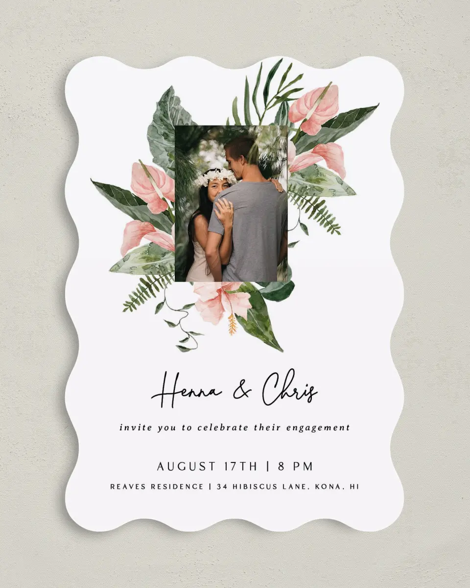 This is a 5" x 7" Wavy Wedding Invitation called Hibiscus Harmony printed in full color on Premium Smooth paper