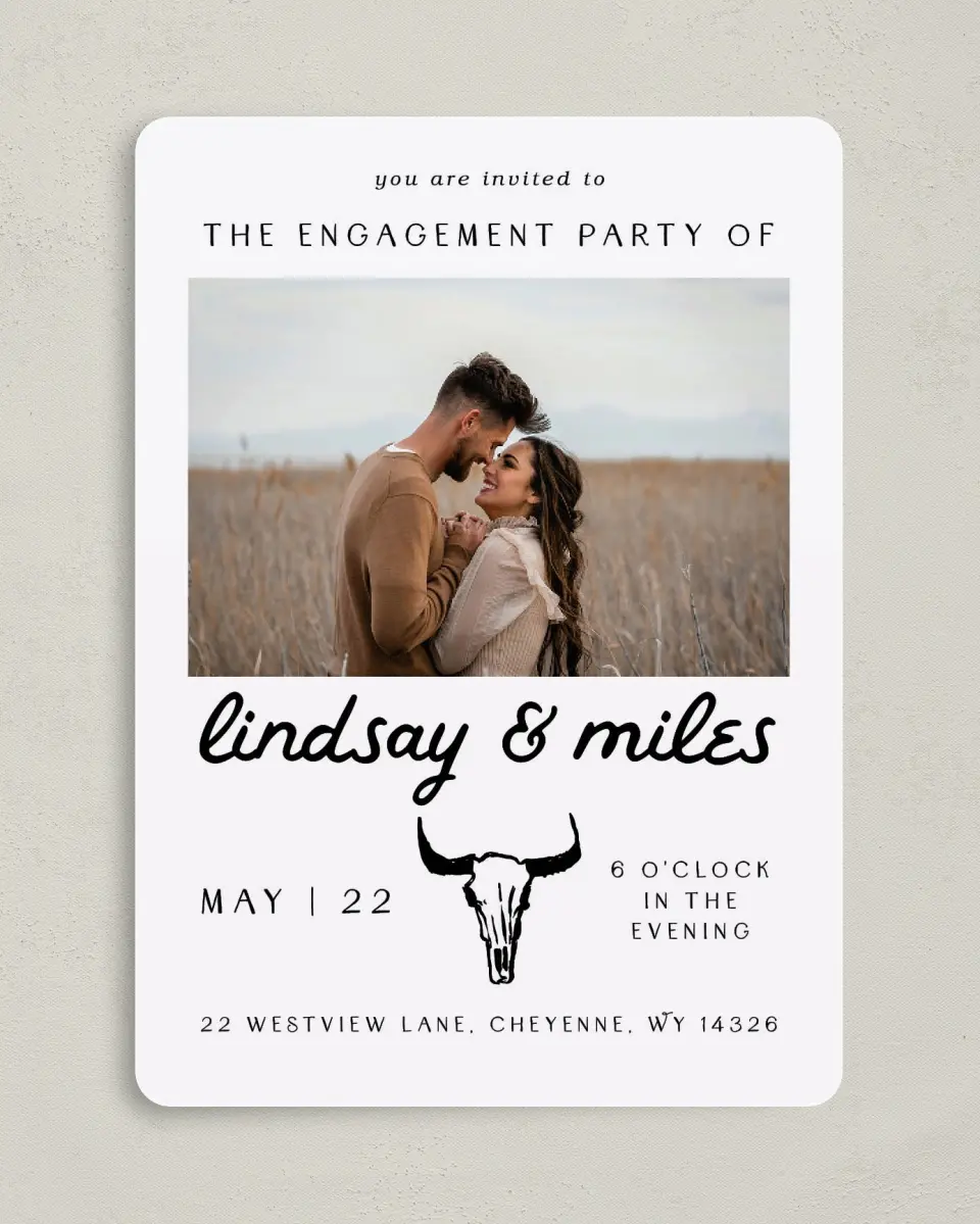 This is a 5" x 7" Engagement Party Invitation called Field of Love printed in full color on Premium Smooth paper