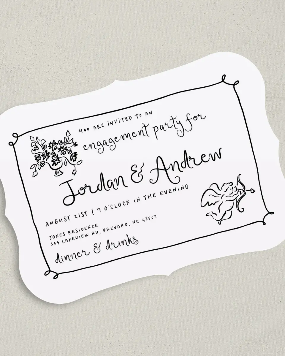 This is a 5" x 7" Engagement Party Invitation called Whimsical Heart printed in full color on Premium Smooth paper