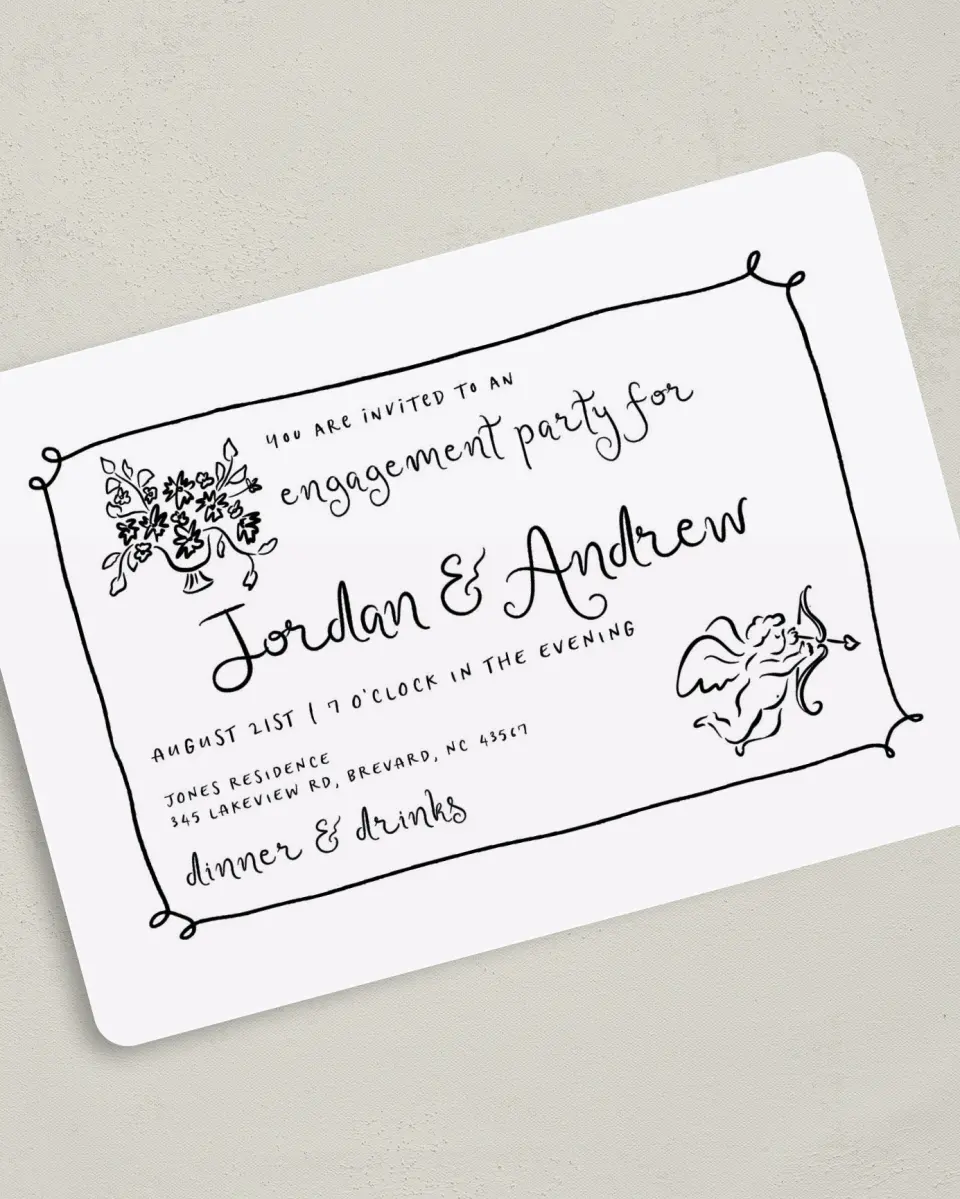 This is a 5" x 7" Engagement Party Invitation called Whimsical Heart printed in full color on Premium Smooth paper