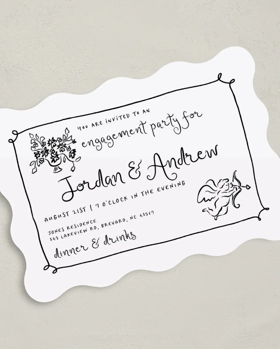 This is a 5" x 7" Wavy Wedding Invitation called Whimsical Heart printed in full color with Silver foil on Luxe Satin (coated) paper