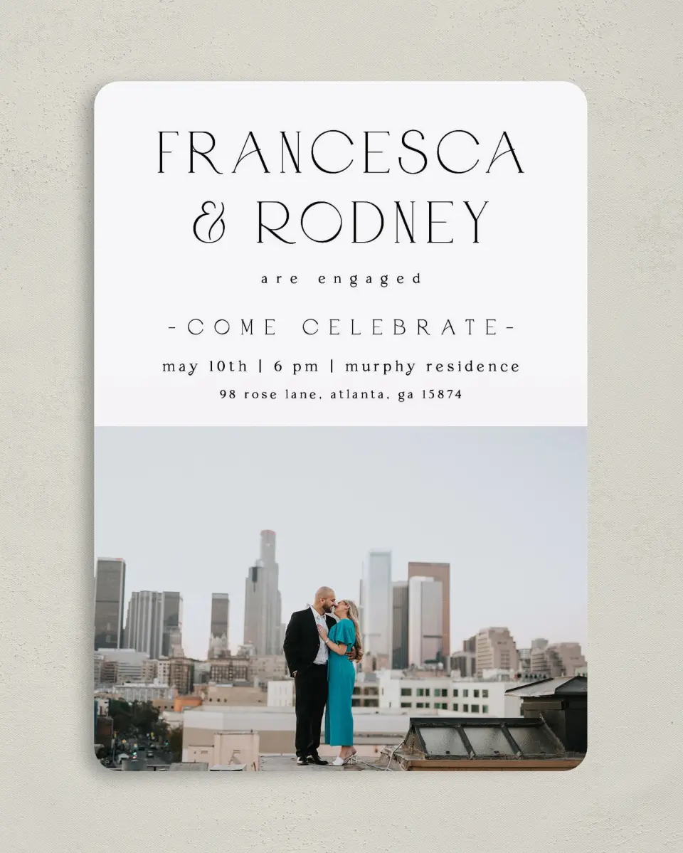 This is a 5" x 7" Engagement Party Invitation called Limitless Love printed in full color with Silver foil on Luxe Satin (coated) paper