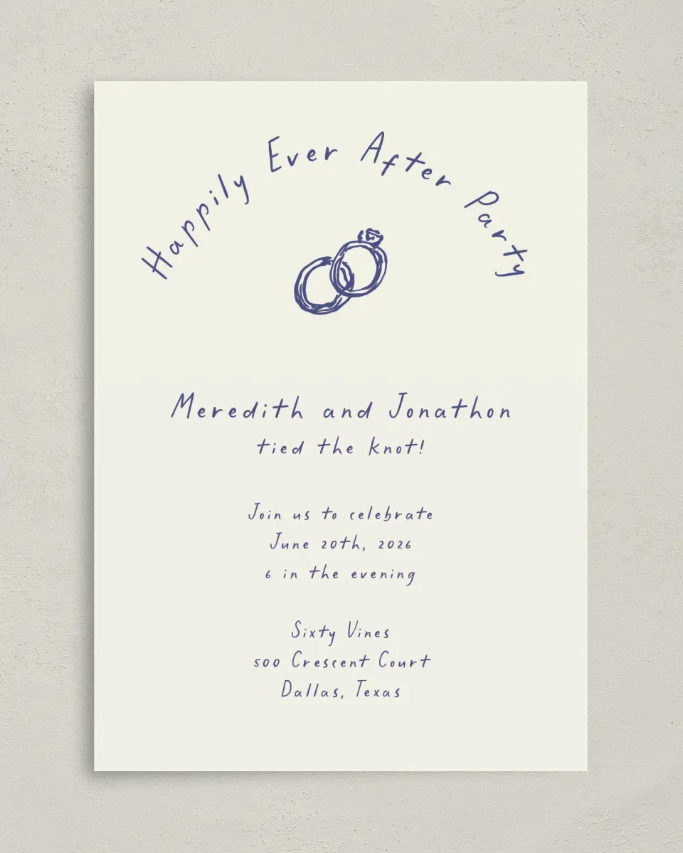 This is a 5" x 7" Reception-Only - CP called Ringing in Happiness printed in full color with Silver foil on Luxe Satin (coated) paper