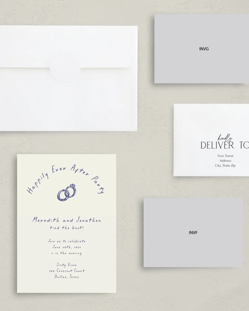 This is a 5" x 7" Reception-Only - CP called Ringing in Happiness printed in full color with Silver foil on Luxe Satin (coated) paper