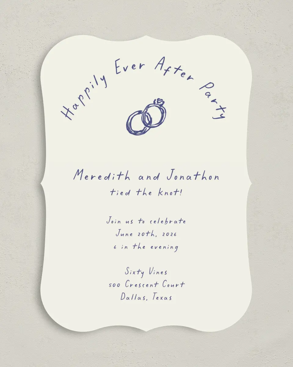 This is a 5" x 7" Reception-Only - CP called Ringing in Happiness printed in full color with Silver foil on Luxe Satin (coated) paper
