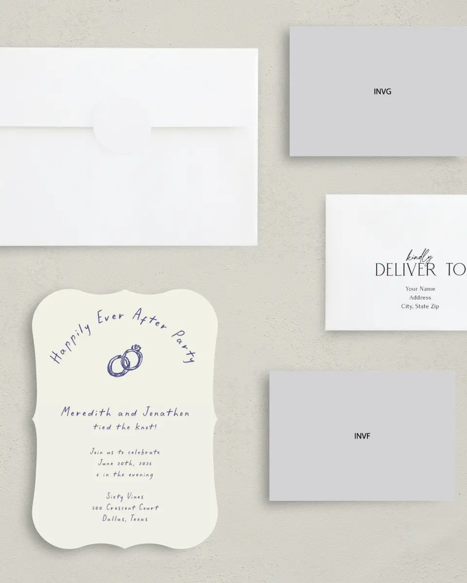 This is a 5" x 7" Reception-Only - CP called Ringing in Happiness printed in full color with Silver foil on Luxe Satin (coated) paper
