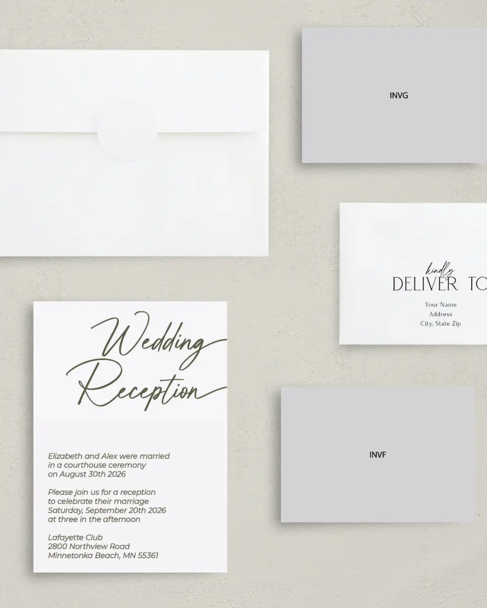 This is a 5" x 7" Reception-Only - CP called Reception Rendezvous printed in full color with Gold foil on Luxe Satin (coated) paper