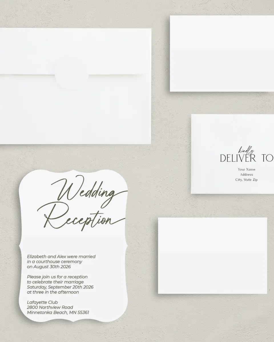 This is a 5" x 7" Reception-Only - CP called Reception Rendezvous printed in full color with Silver foil on Luxe Satin (coated) paper