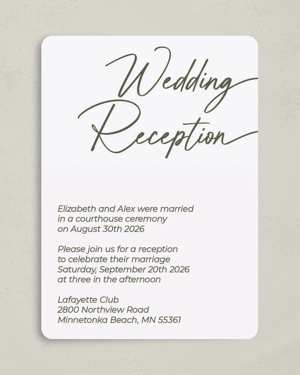 This is a 5" x 7" Reception-Only - CP called Reception Rendezvous printed in full color on Premium Smooth paper