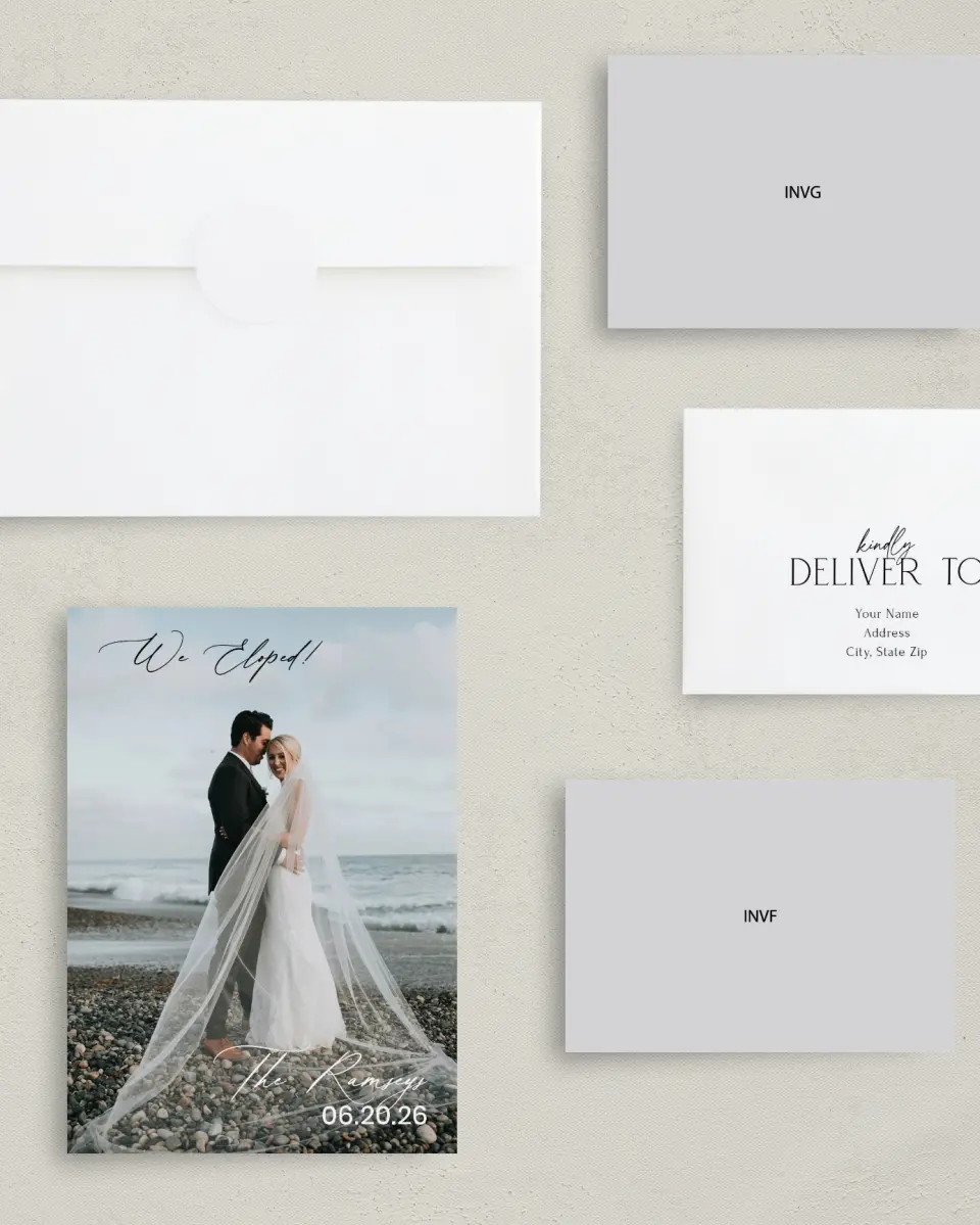 This is a 5" x 7" Reception-Only - CP called Beautiful Elopement printed in full color on Premium Smooth paper