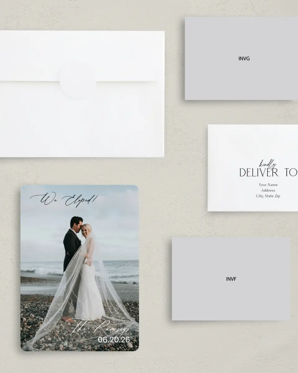 This is a 5" x 7" Reception-Only - CP called Beautiful Elopement printed in full color on Premium Smooth paper