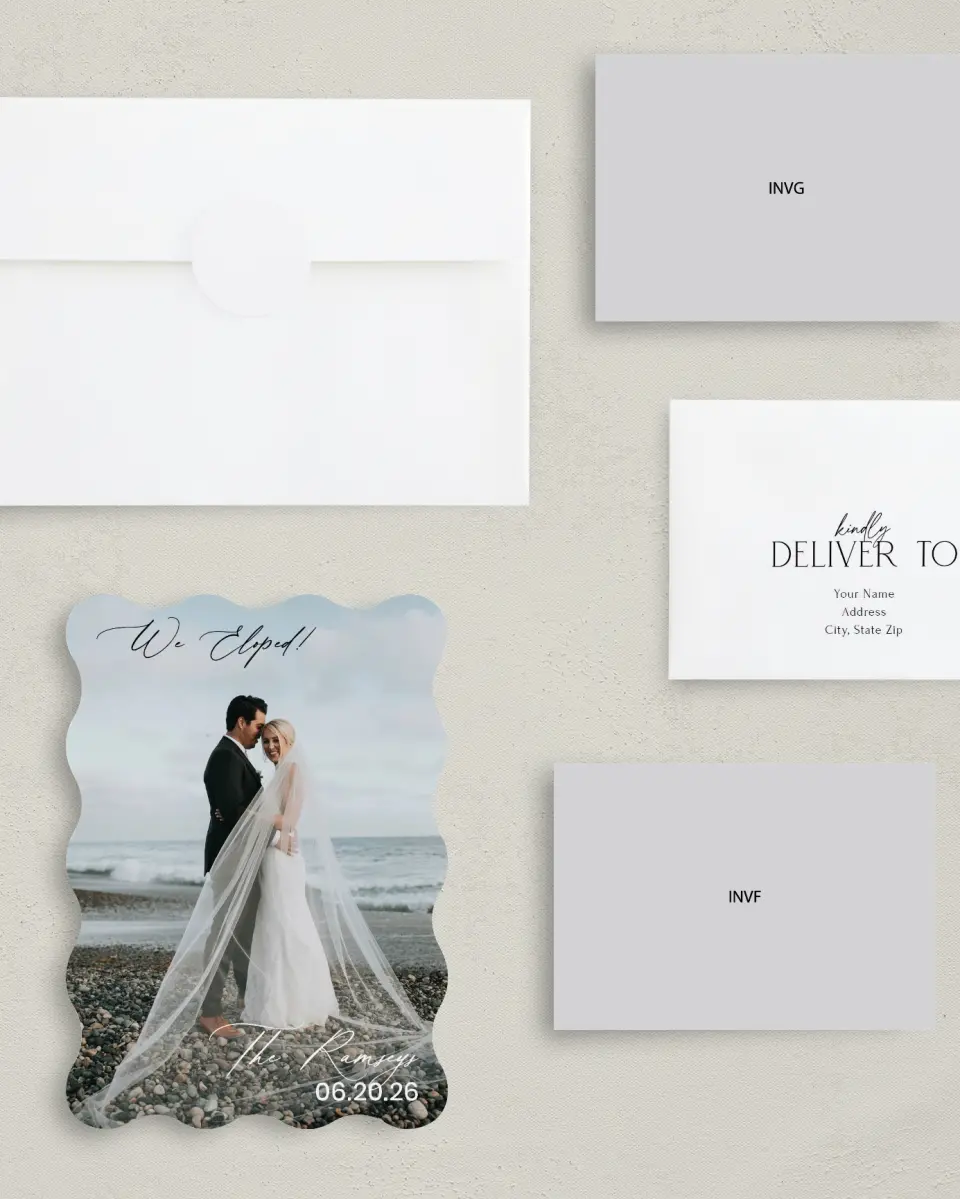 This is a 5" x 7" Reception-Only - CP called Beautiful Elopement printed in full color with Silver foil on Luxe Satin (coated) paper