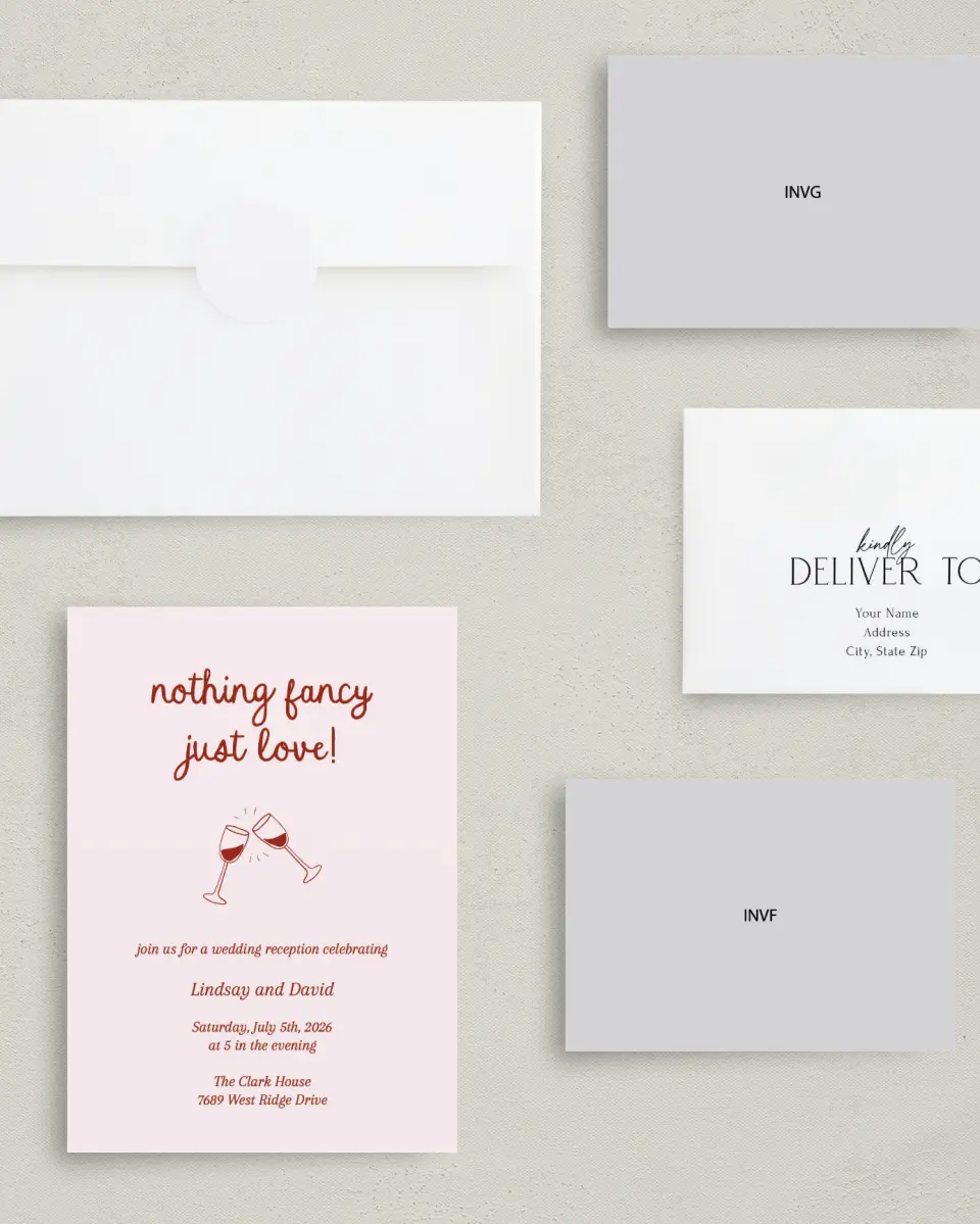 This is a 5" x 7" Reception-Only - CP called Just Love printed in full color with Gold foil on Luxe Satin (coated) paper