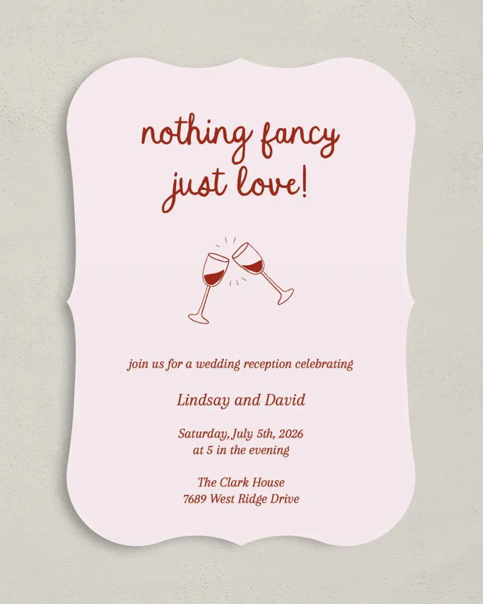 This is a 5" x 7" Reception-Only - CP called Just Love printed in full color with Silver foil on Luxe Satin (coated) paper
