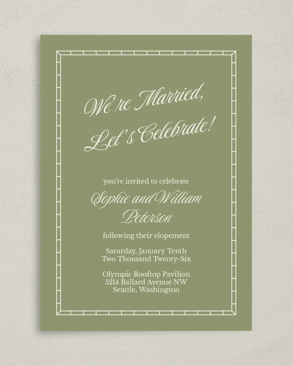 This is a 5" x 7" Reception-Only - CP called Married Bliss printed in full color with Gold foil on Luxe Satin (coated) paper