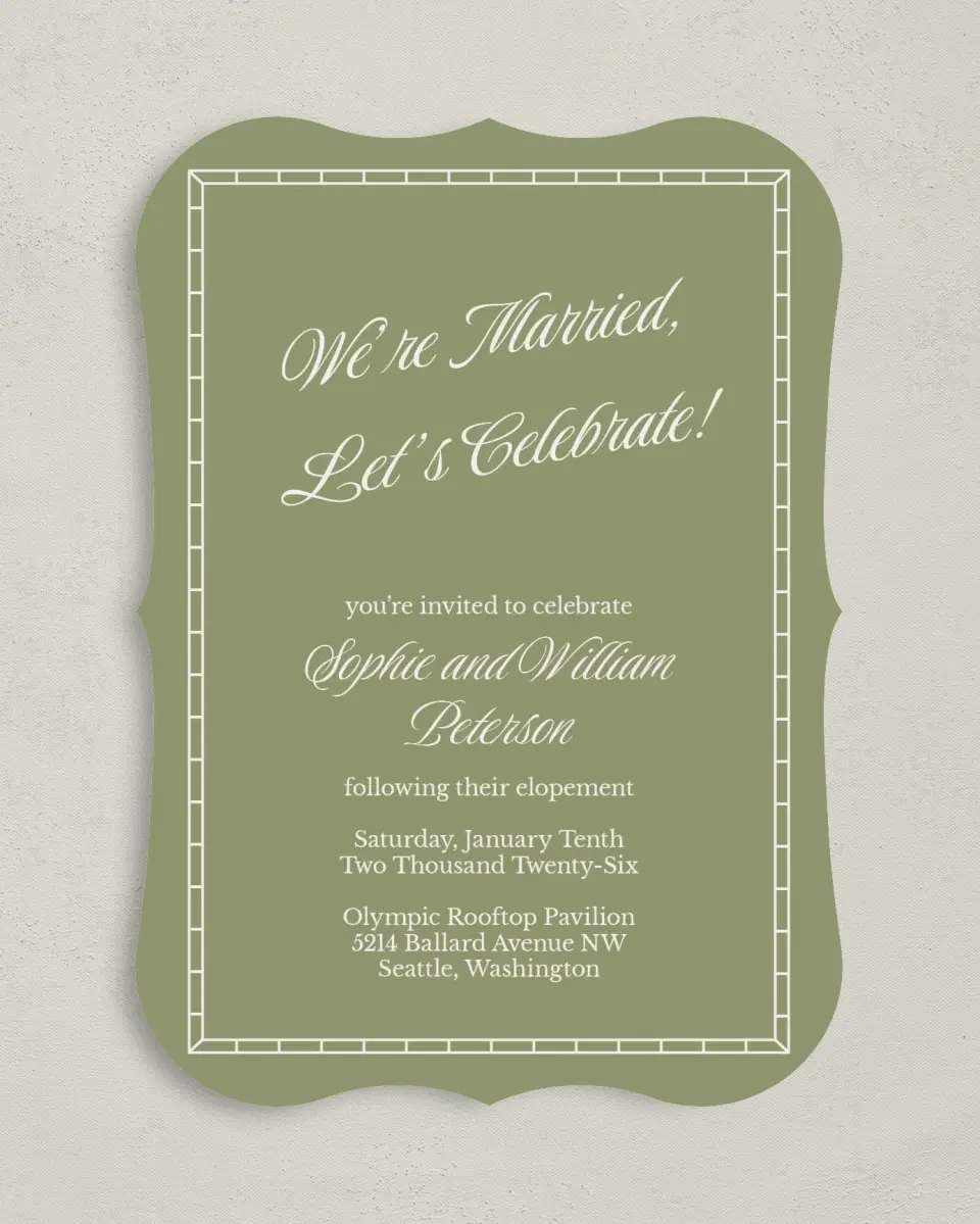 This is a 5" x 7" Reception-Only - CP called Married Bliss printed in full color with Silver foil on Luxe Satin (coated) paper