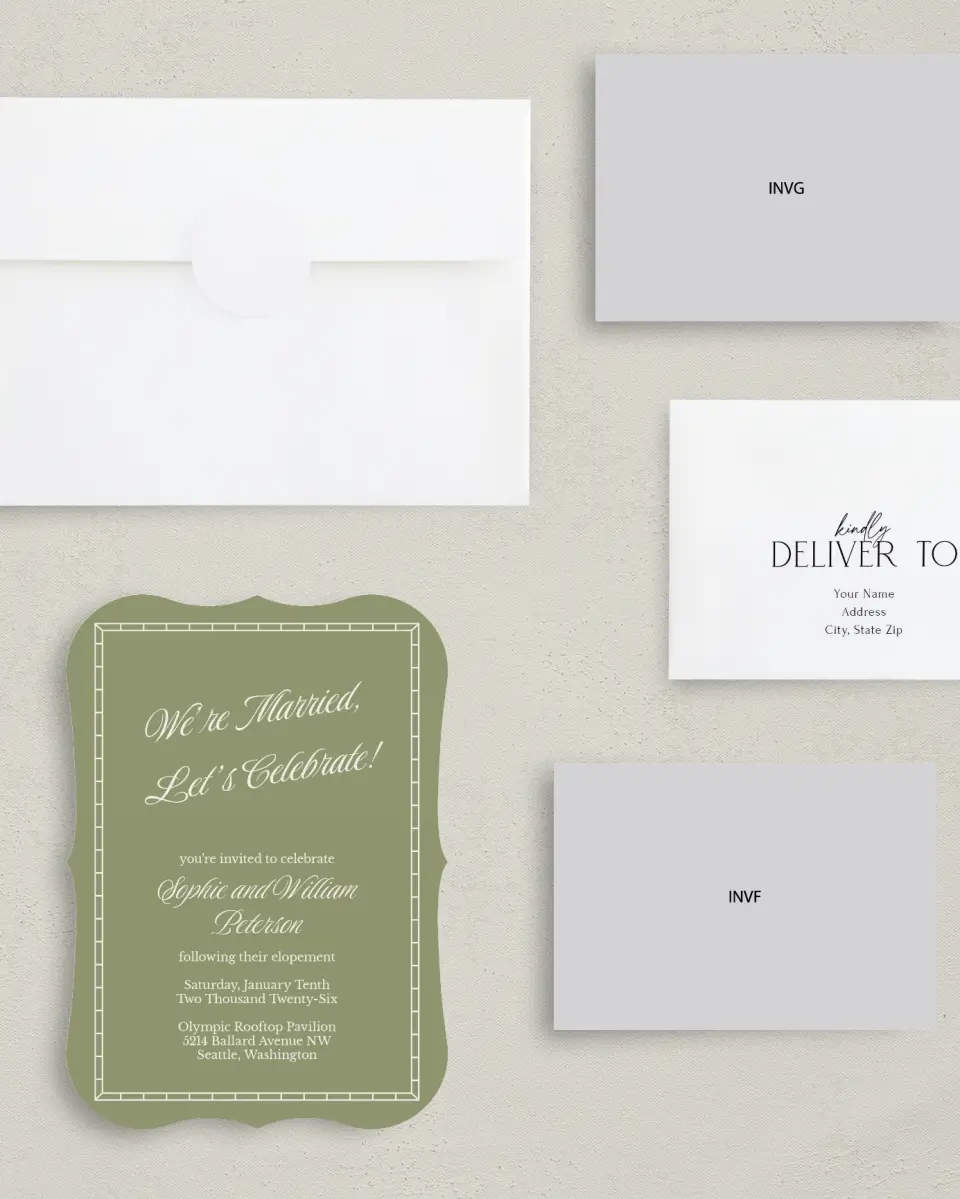 This is a 5" x 7" Reception-Only - CP called Married Bliss printed in full color with Silver foil on Luxe Satin (coated) paper