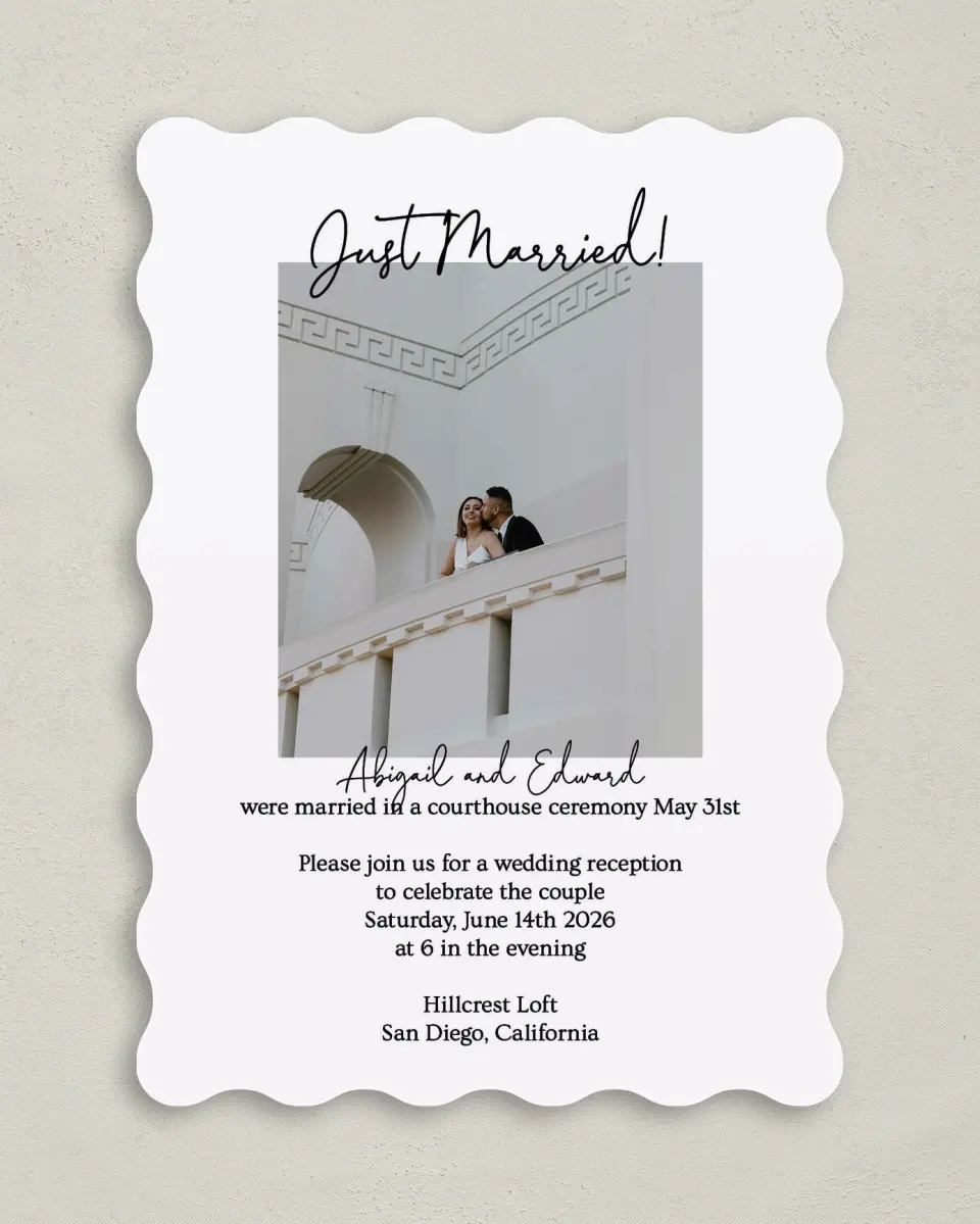 This is a 5" x 7" Reception-Only - CP called Just Married printed in full color on Premium Smooth paper