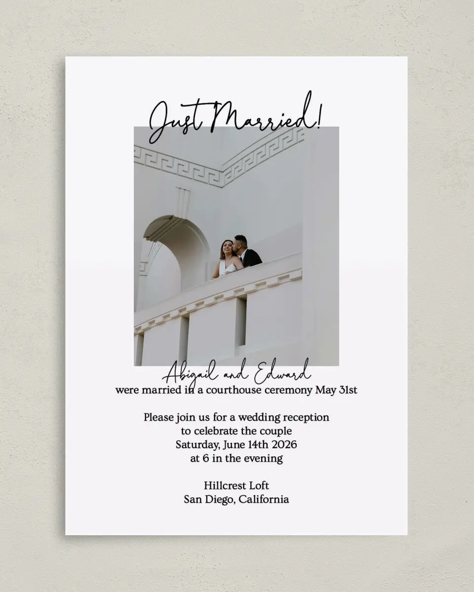 This is a 5" x 7" Reception-Only - CP called Just Married printed in full color on Premium Smooth paper